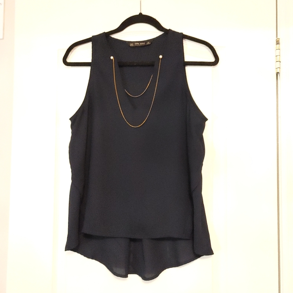 ZARA Navy Sleeveless Top with Gold Chains